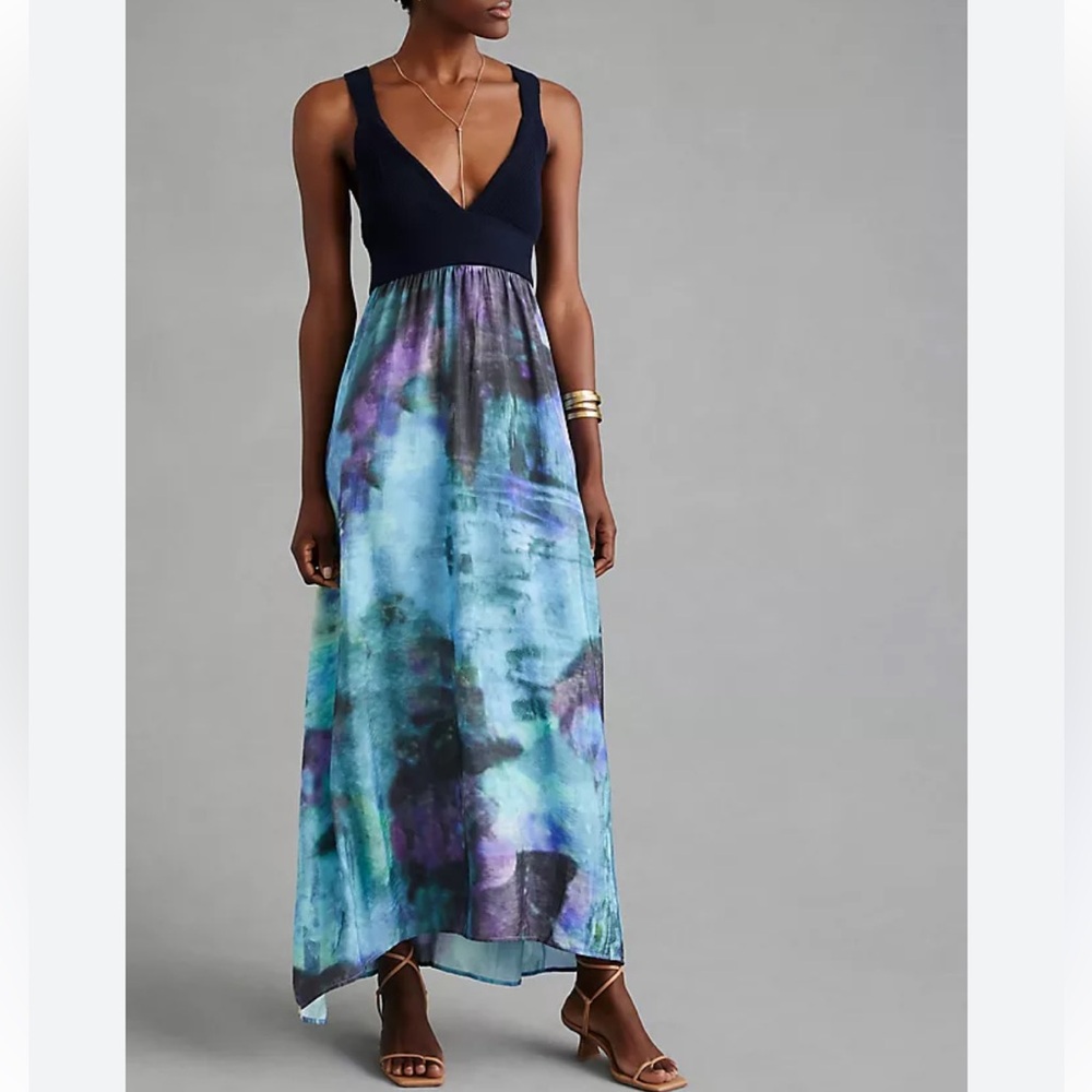 By Anthropologie Twofer Maxi Dress Blue Tie Dye Knit Top Boho Flowy Dress Small